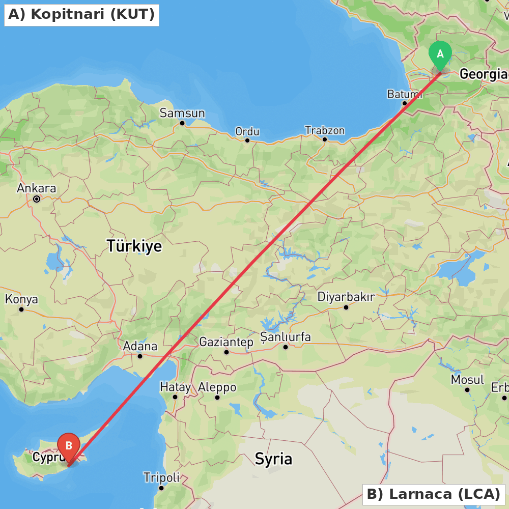 Flight route map from Kopitnari to Larnaca