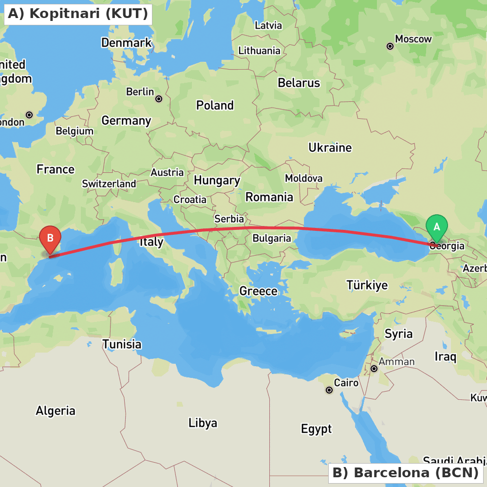 Flight route map from Kopitnari to Barcelona