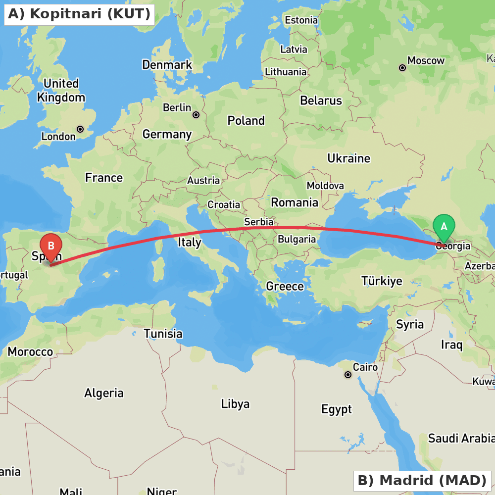 Flight route map from Kopitnari to Madrid