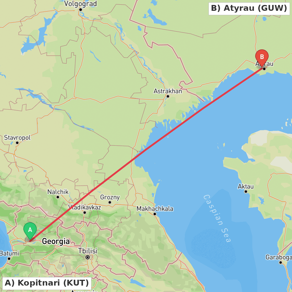 Flight route map from Kopitnari to Atyrau