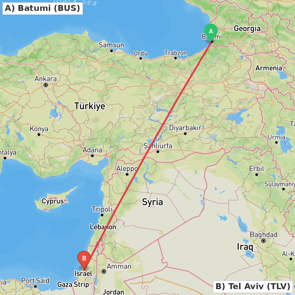 Flight route map from Batumi to Tel Aviv