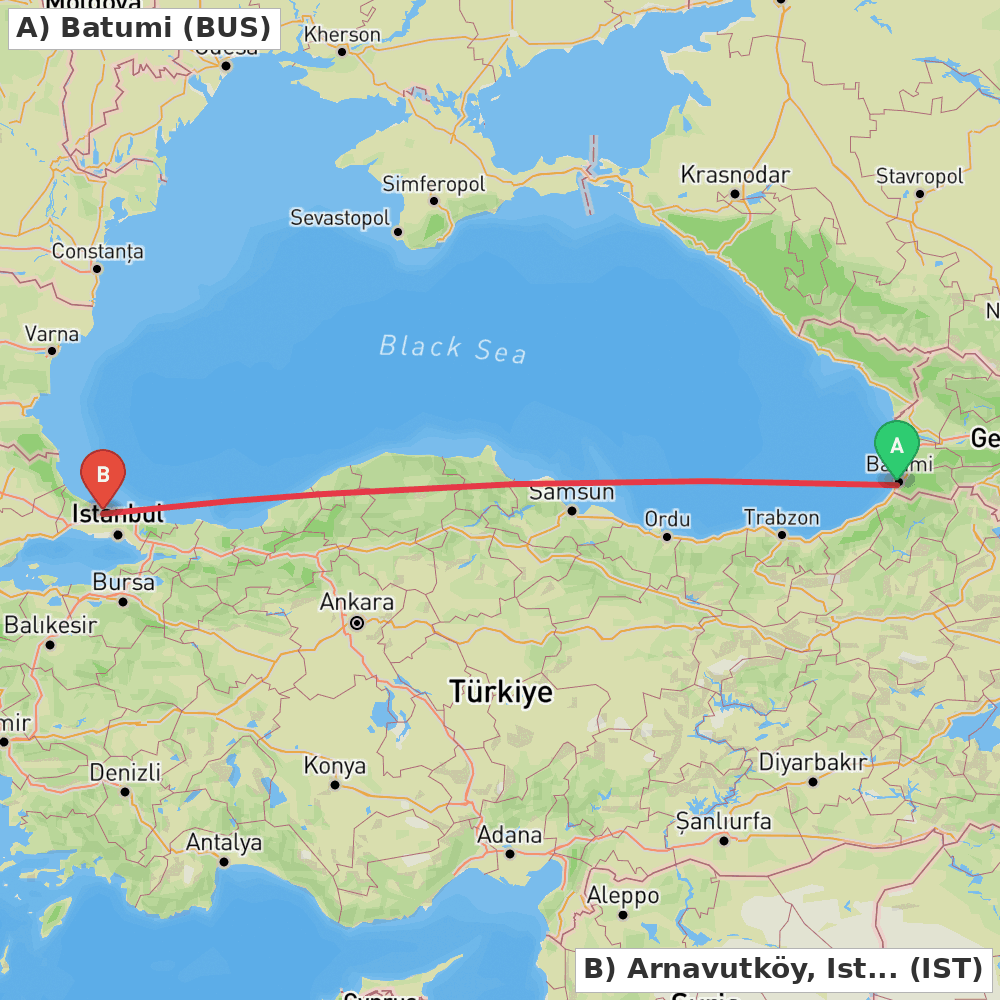 Flight route map from Batumi to Arnavutköy, Istanbul