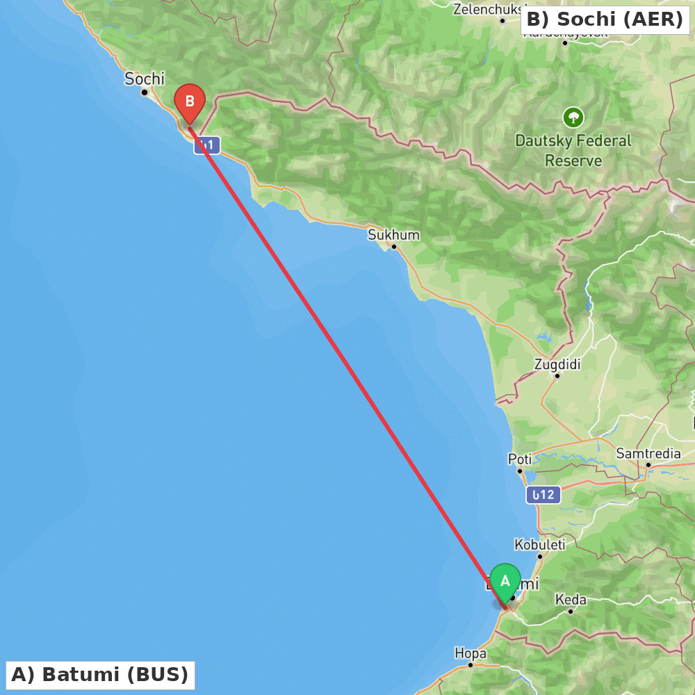 Flight route map from Batumi to Sochi
