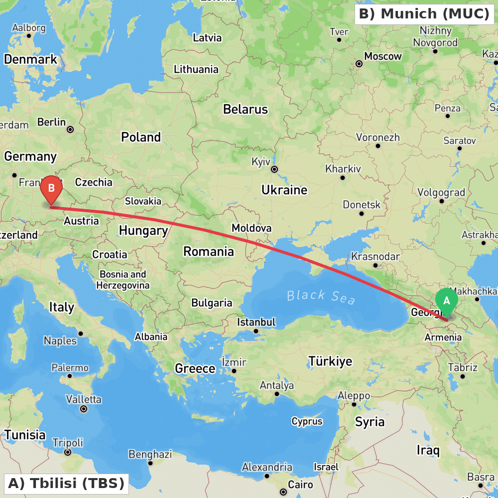 Flight route map from Tbilisi to Munich