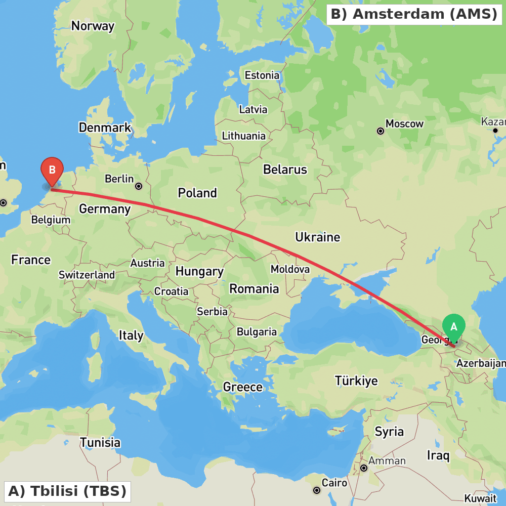 Flight route map from Tbilisi to Amsterdam