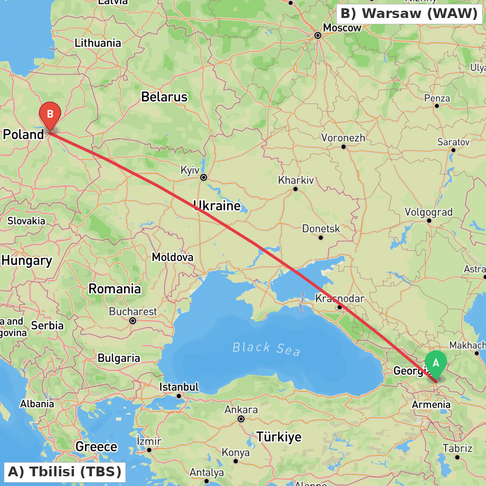 Flight route map from Tbilisi to Warsaw