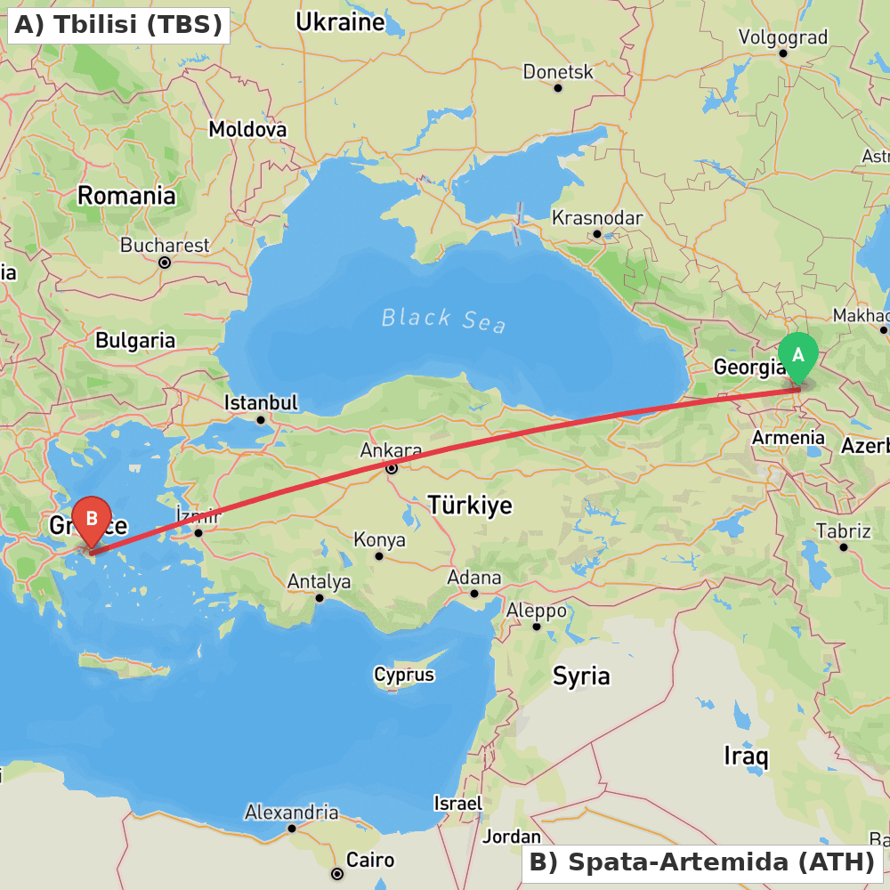 Flight route map from Tbilisi to Spata-Artemida