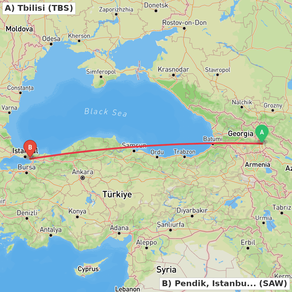 Flight route map from Tbilisi to Pendik, Istanbul