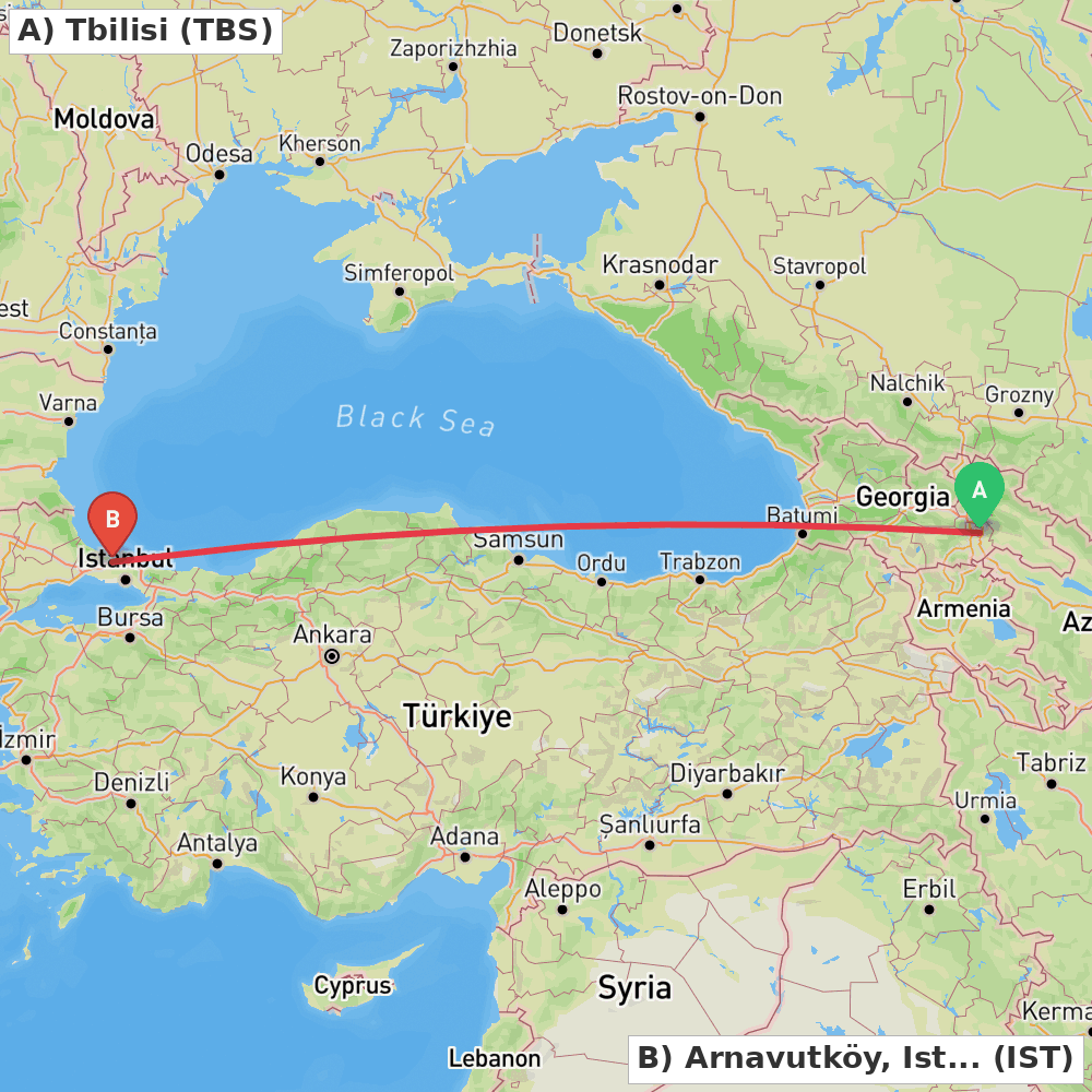 Flight route map from Tbilisi to Arnavutköy, Istanbul