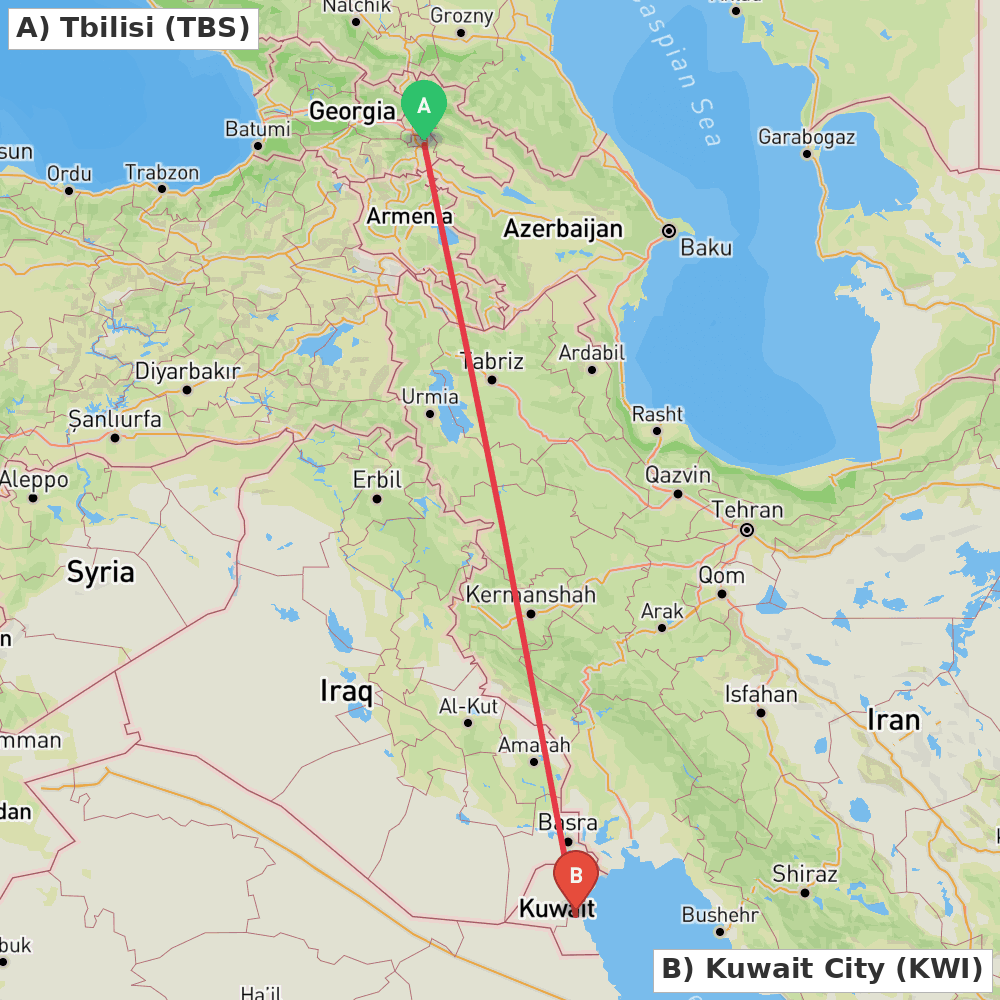 Flight route map from Tbilisi to Kuwait City