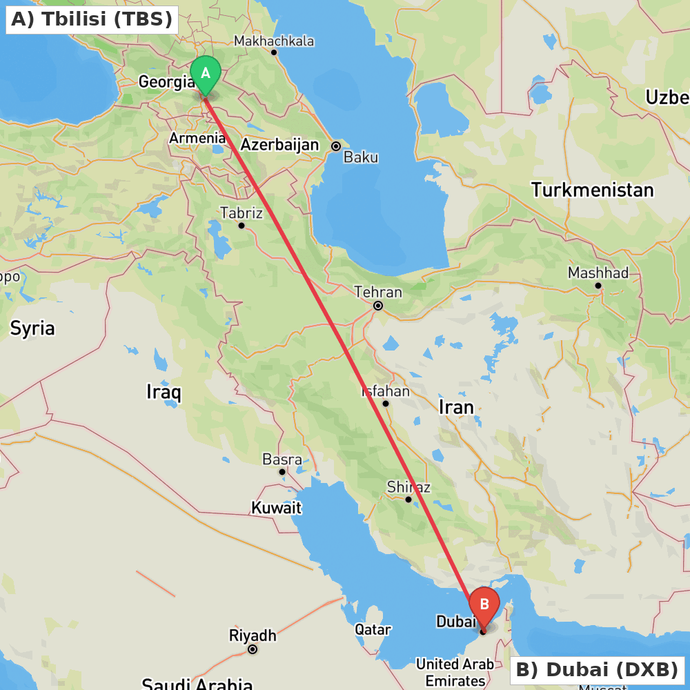 Flight route map from Tbilisi to Dubai