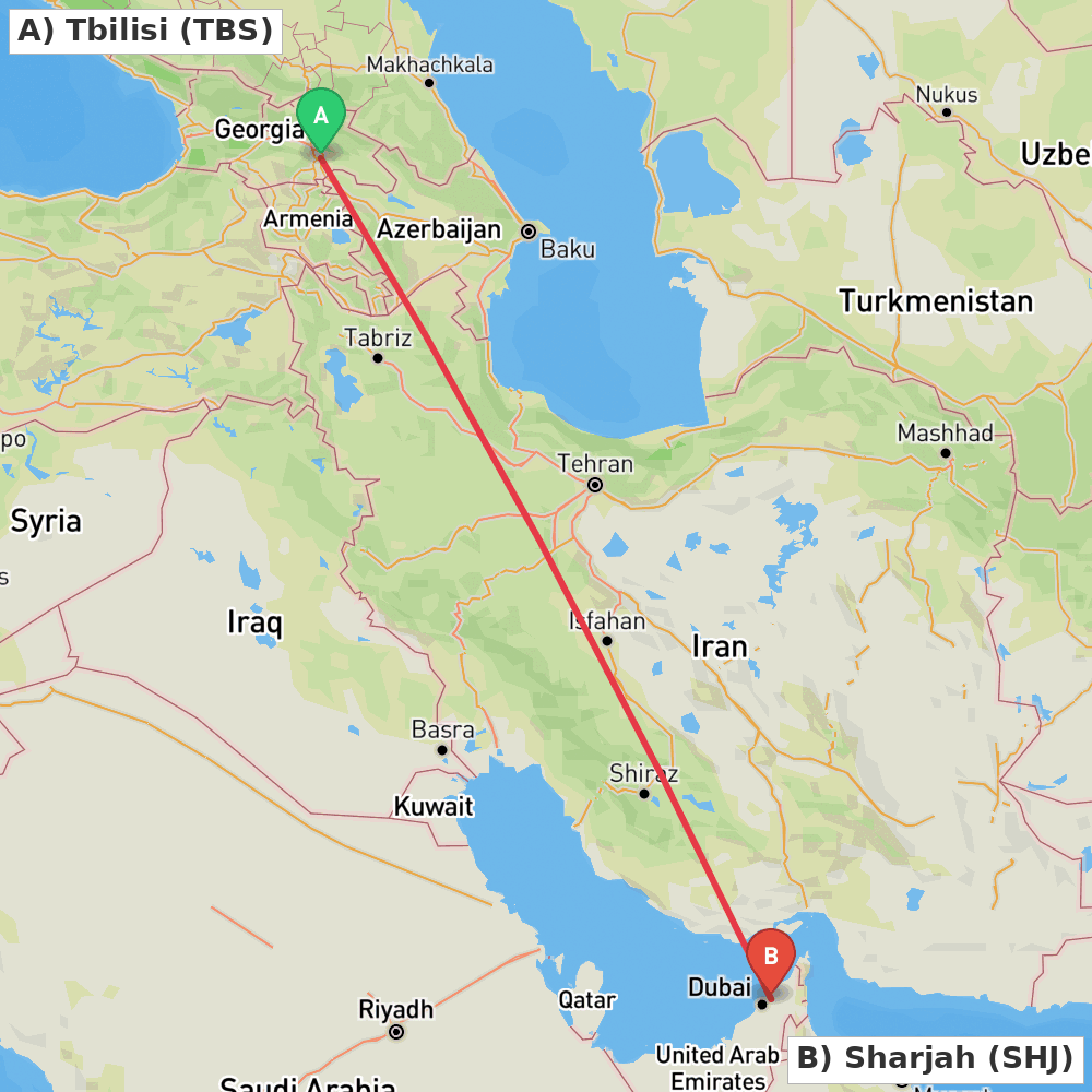 Flight route map from Tbilisi to Sharjah