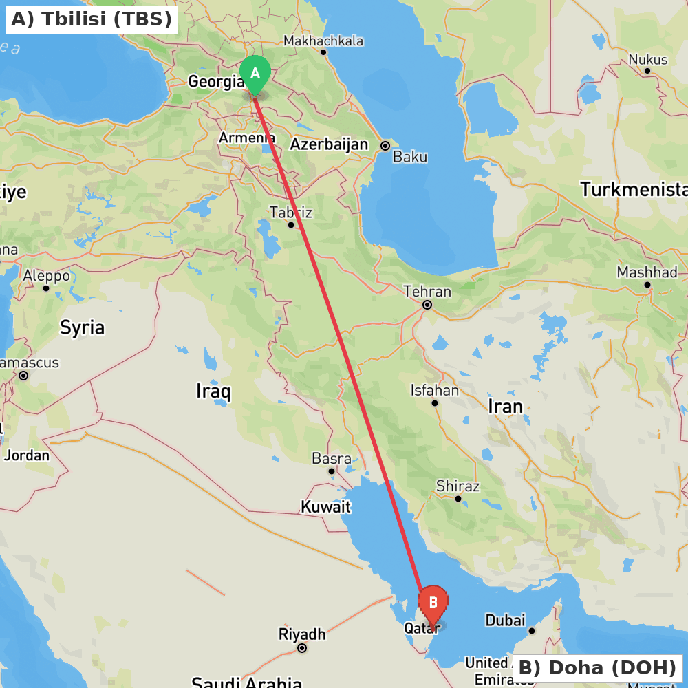 Flight route map from Tbilisi to Doha
