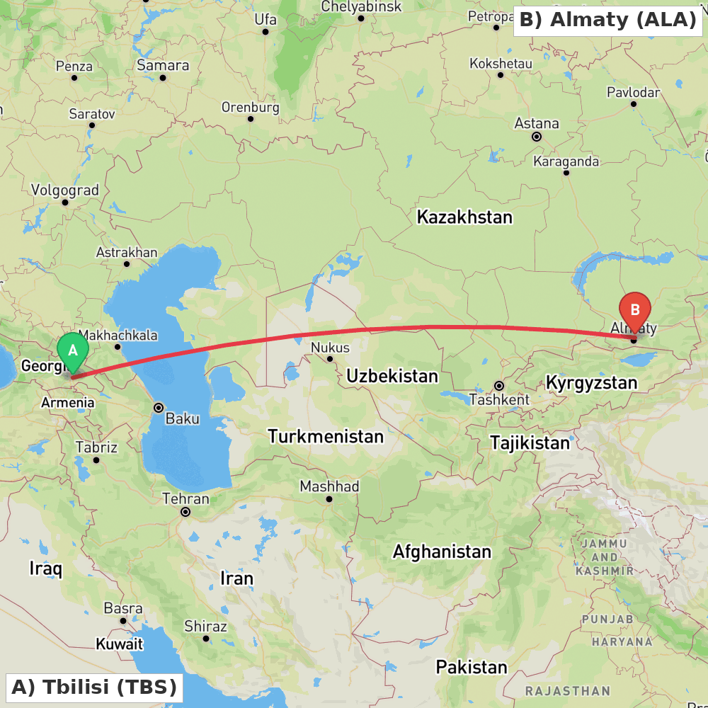 Flight route map from Tbilisi to Almaty