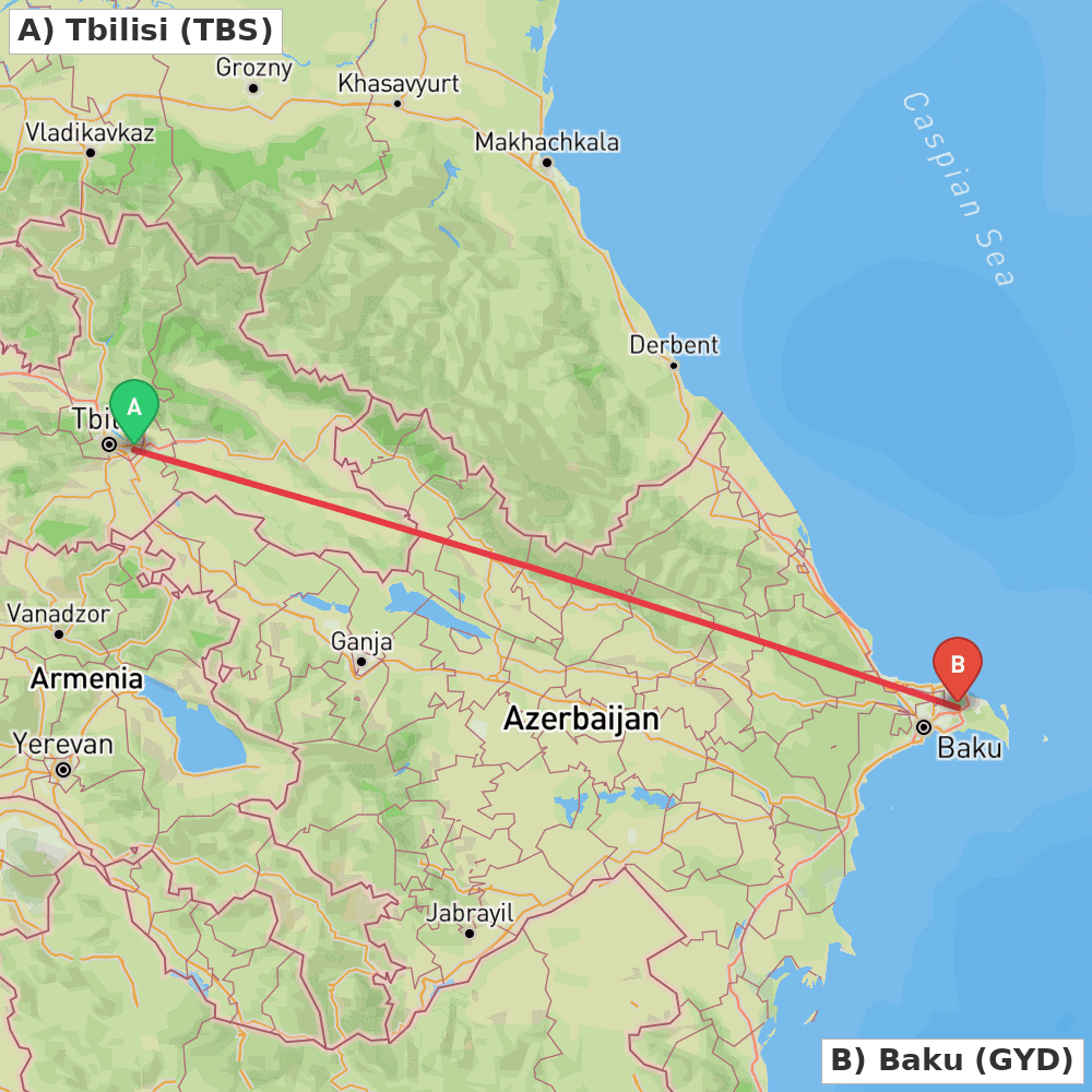 Flight route map from Tbilisi to Baku