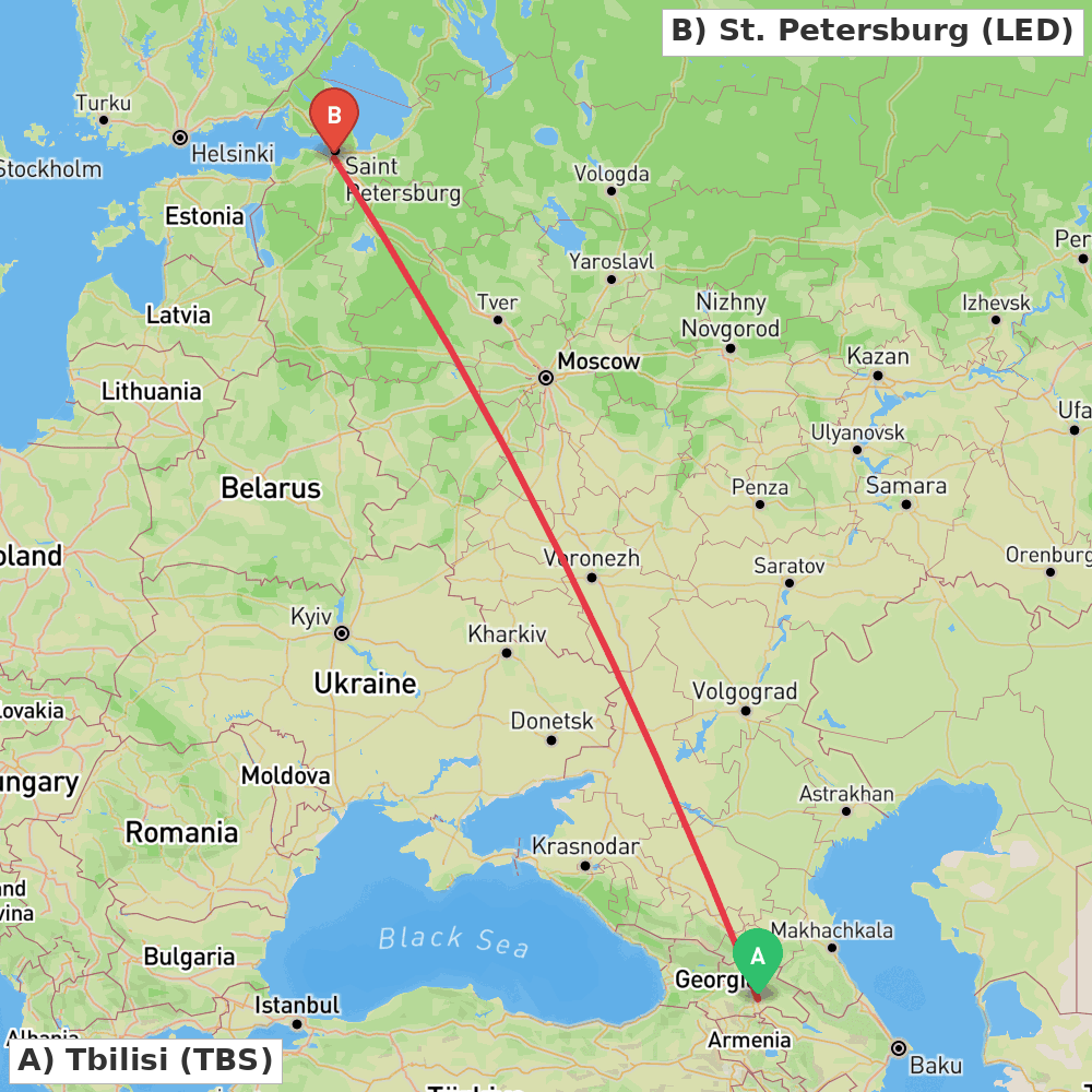 Flight route map from Tbilisi to St. Petersburg
