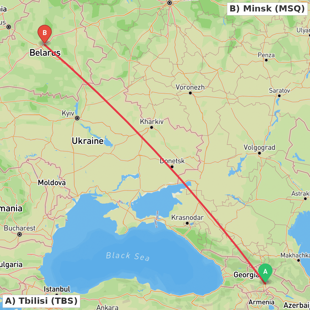 Flight route map from Tbilisi to Minsk