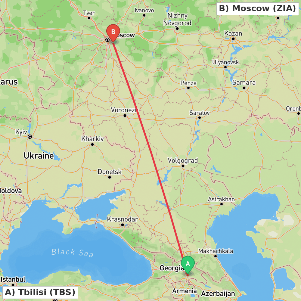 Flight route map from Tbilisi to Moscow