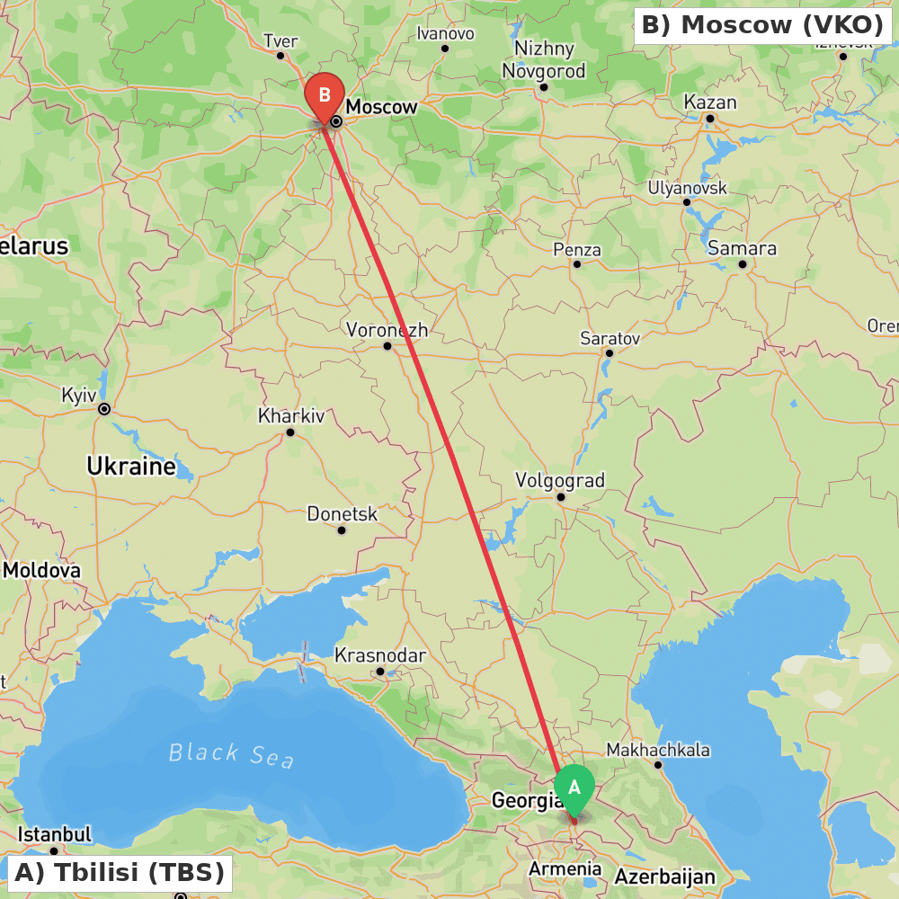 Flight route map from Tbilisi to Moscow