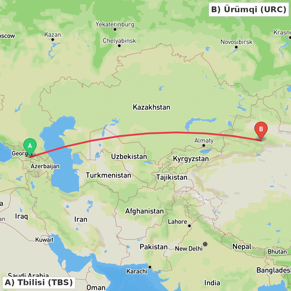 Flight route map from Tbilisi to Ürümqi