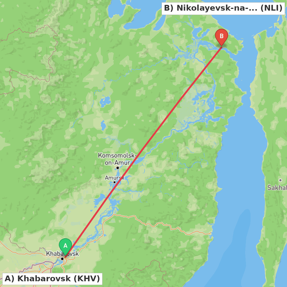 Flight route map from Khabarovsk to Nikolayevsk-na-Amure Airport