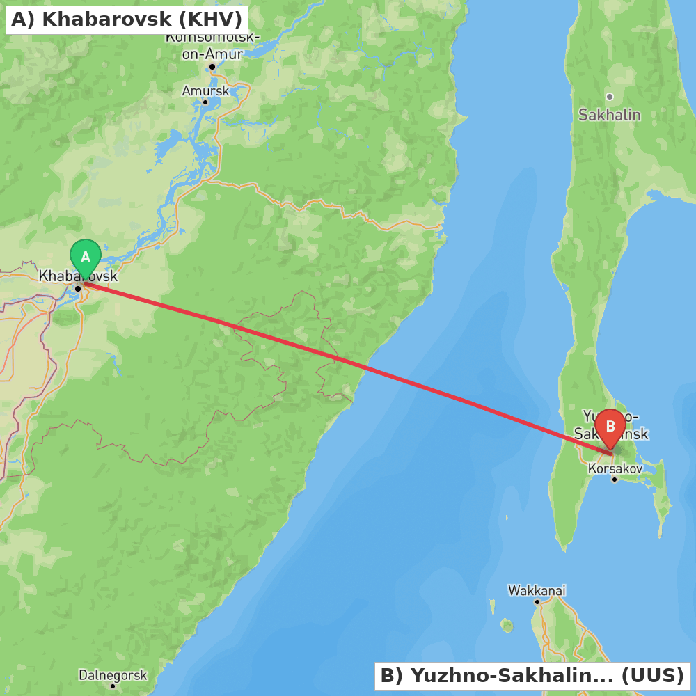Flight route map from Khabarovsk to Yuzhno-Sakhalinsk