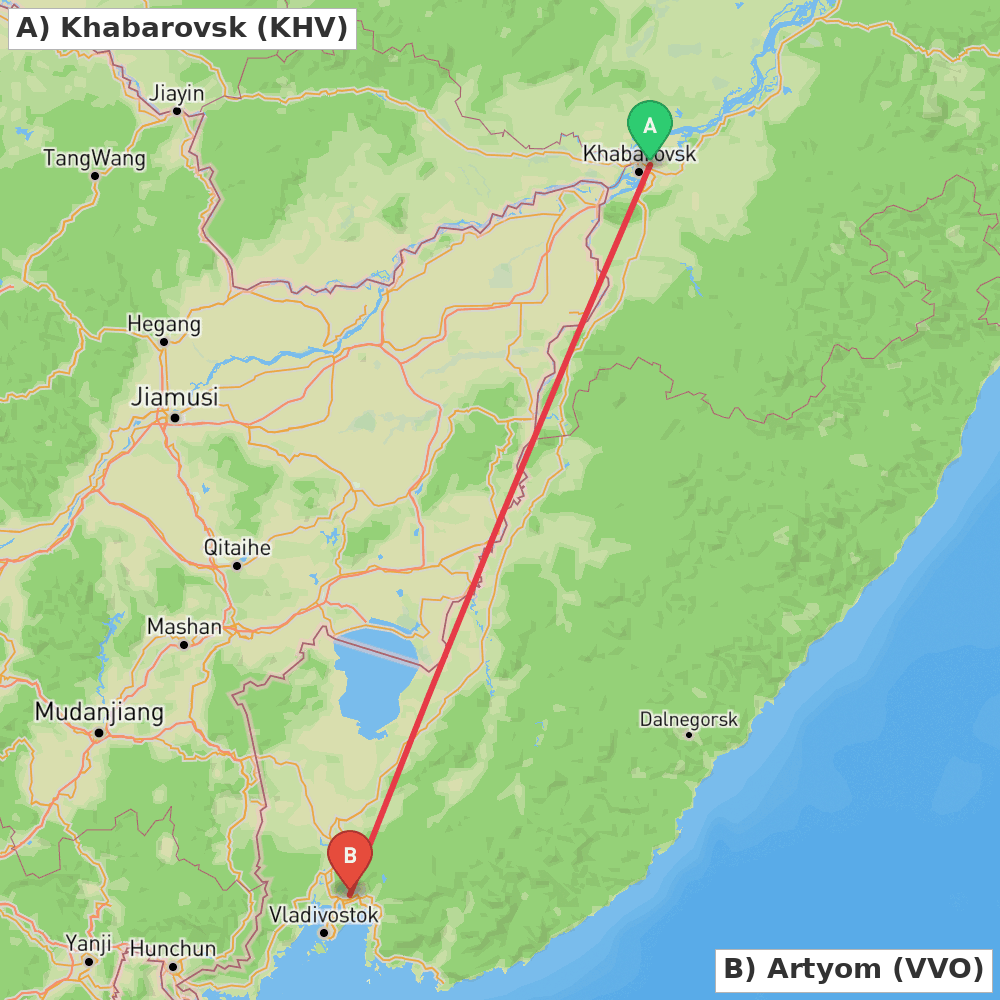 Flight route map from Khabarovsk to Artyom