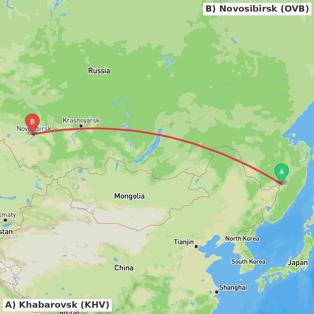 Flight route map from Khabarovsk to Novosibirsk