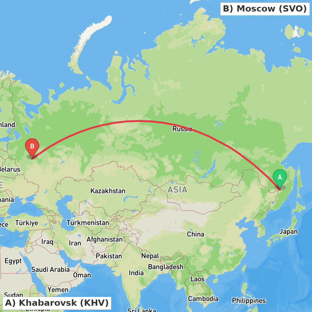 Flight route map from Khabarovsk to Moscow