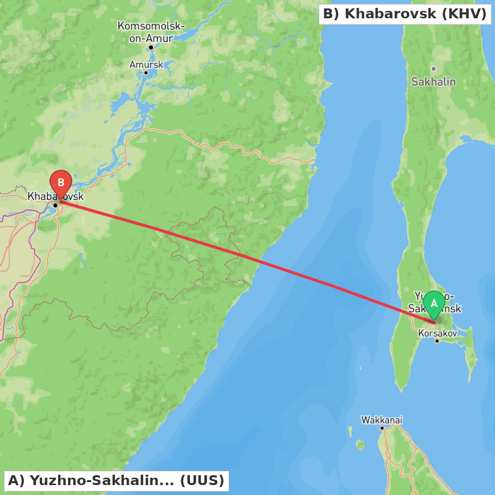 Flight route map from Yuzhno-Sakhalinsk to Khabarovsk