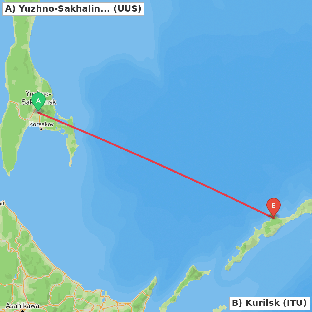 Flight route map from Yuzhno-Sakhalinsk to Kurilsk