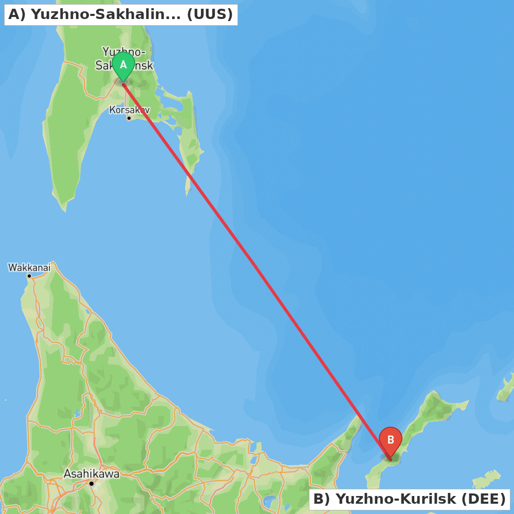 Flight route map from Yuzhno-Sakhalinsk to Yuzhno-Kurilsk