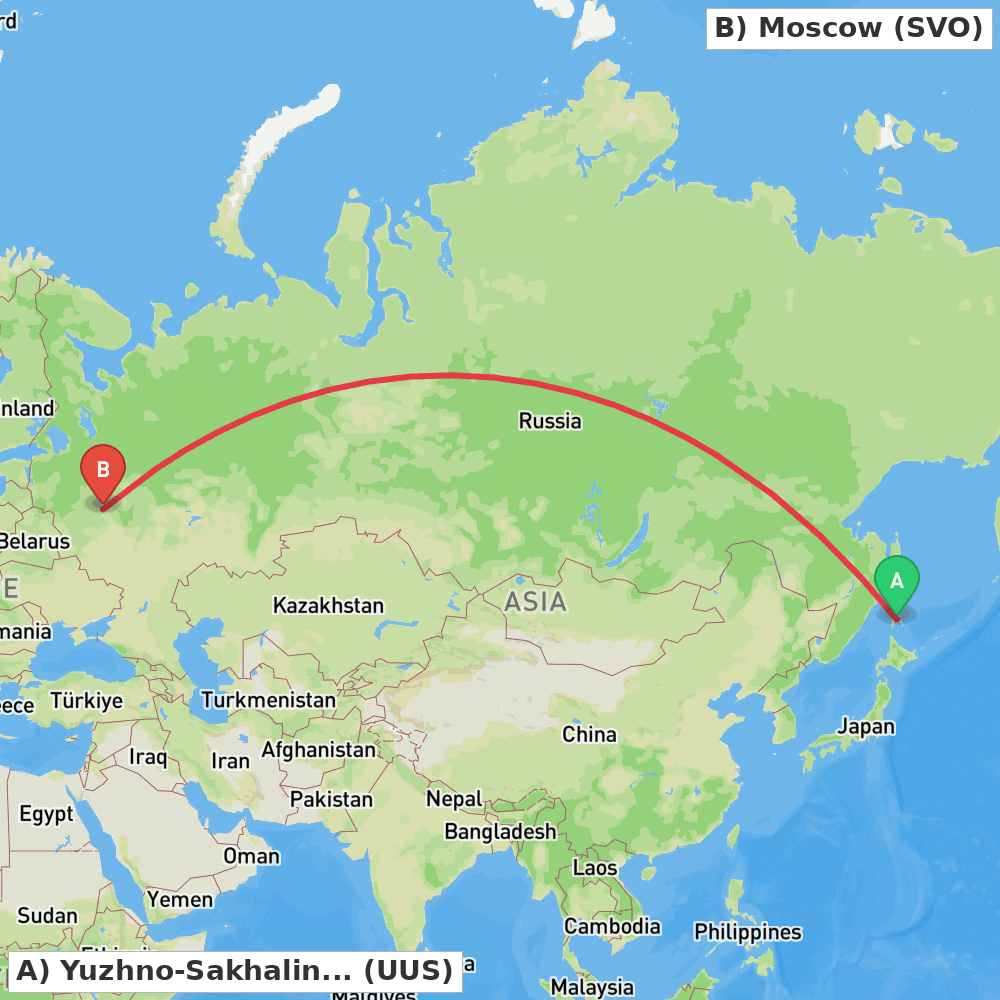 Flight route map from Yuzhno-Sakhalinsk to Moscow