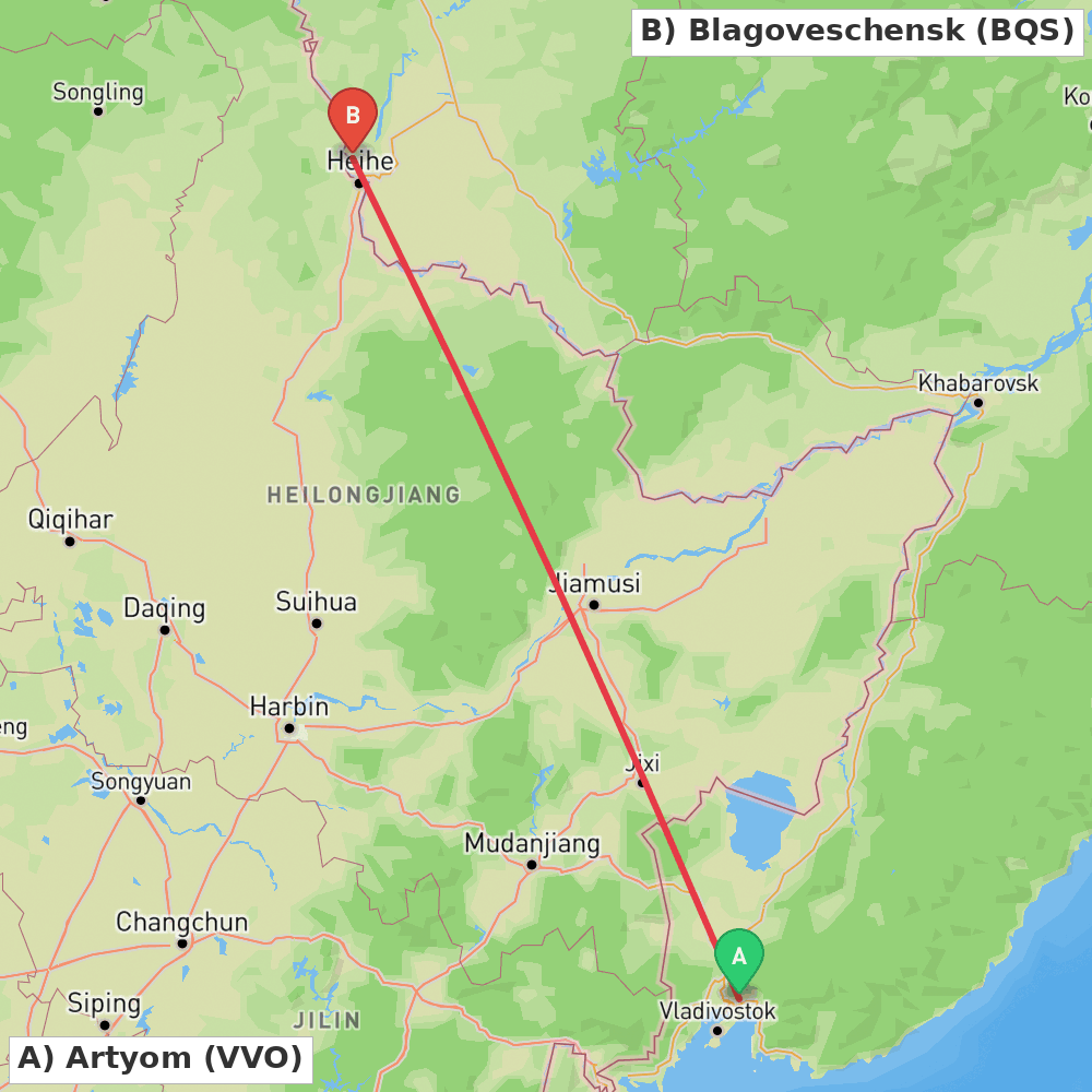 Flight route map from Artyom to Blagoveschensk