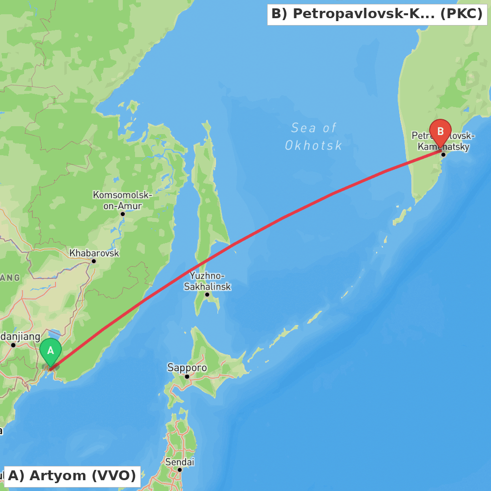 Flight route map from Artyom to Petropavlovsk-Kamchatsky
