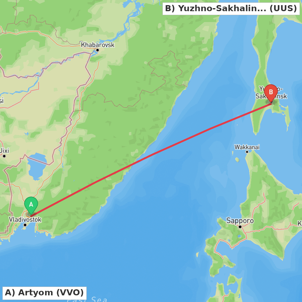 Flight route map from Artyom to Yuzhno-Sakhalinsk