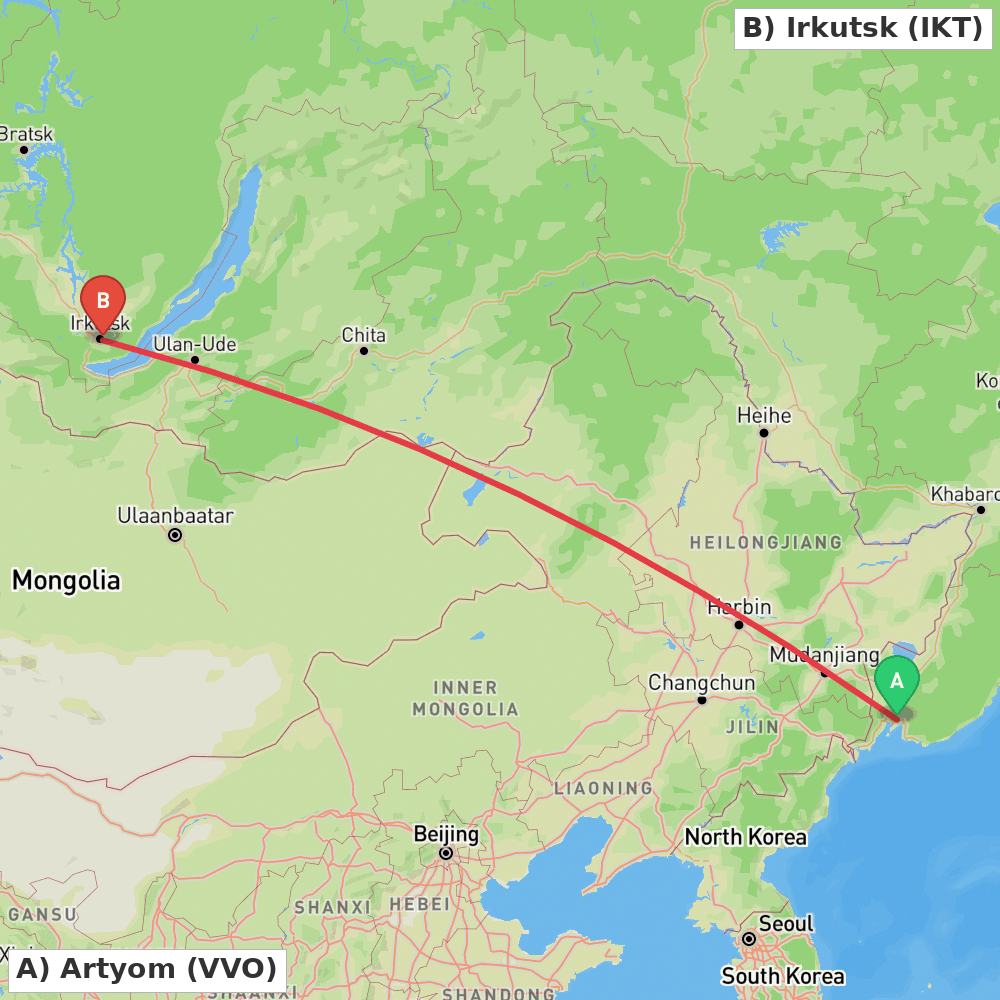 Flight route map from Artyom to Irkutsk