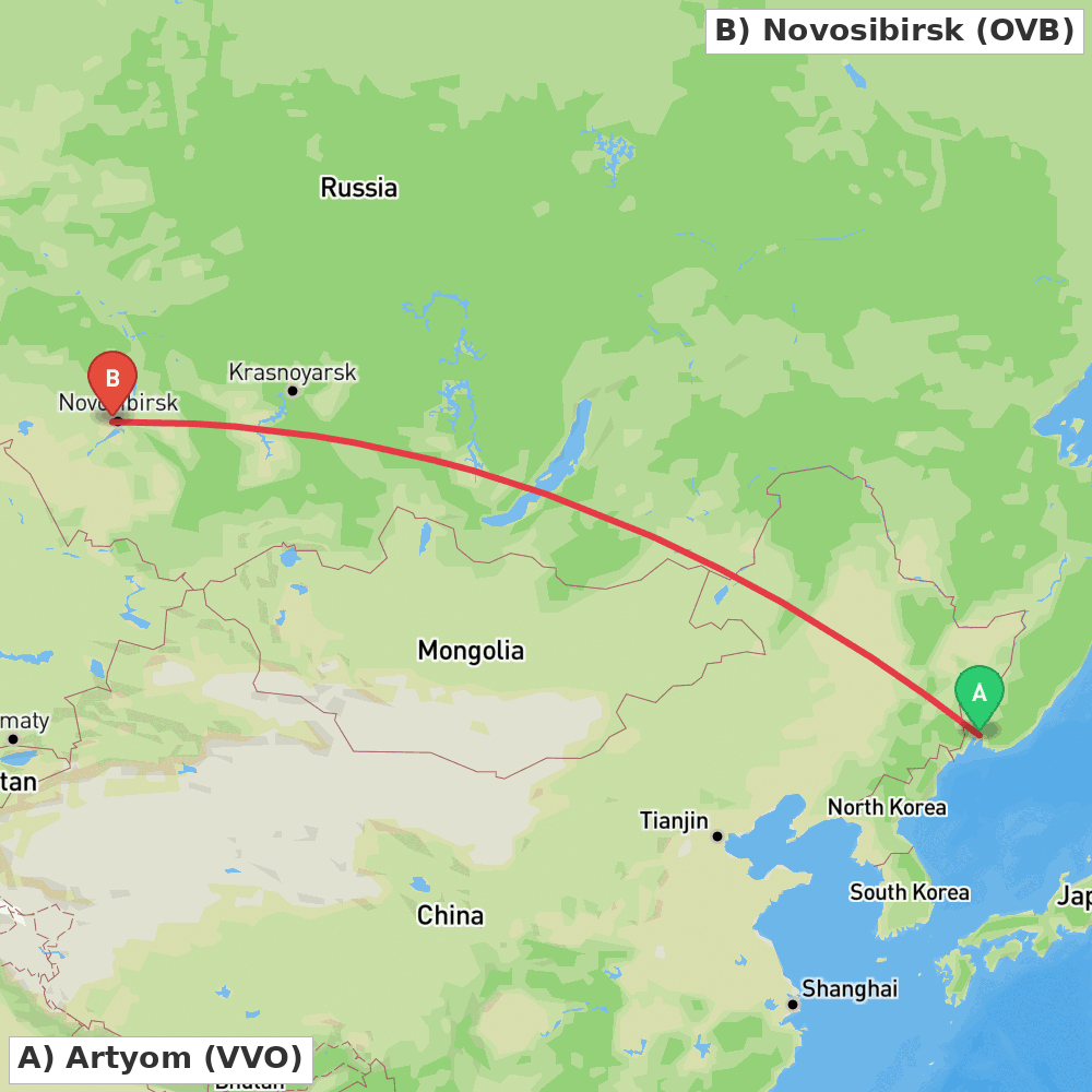 Flight route map from Artyom to Novosibirsk