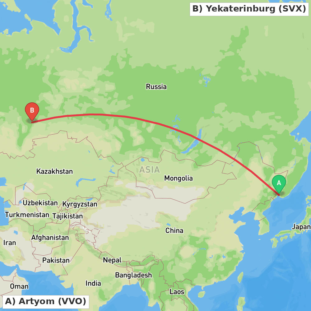 Flight route map from Artyom to Yekaterinburg