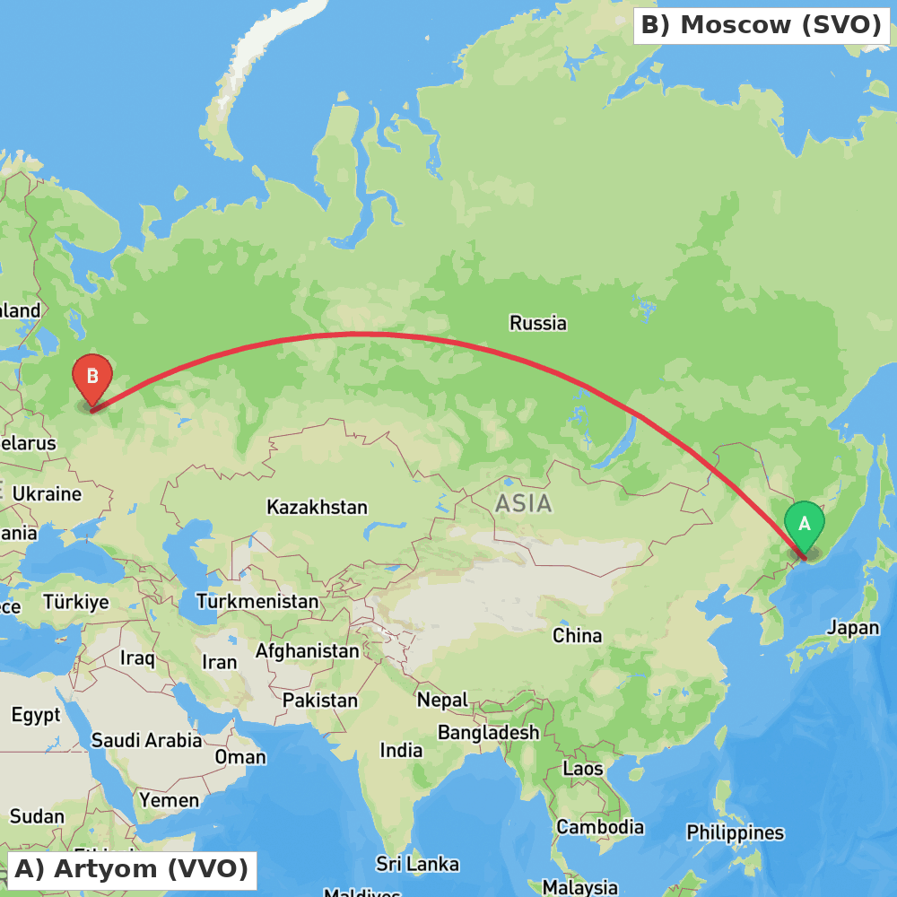 Flight route map from Artyom to Moscow
