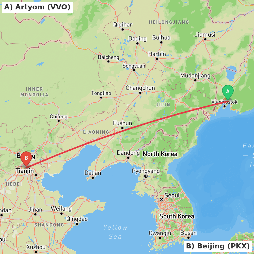 Flight route map from Artyom to Beijing