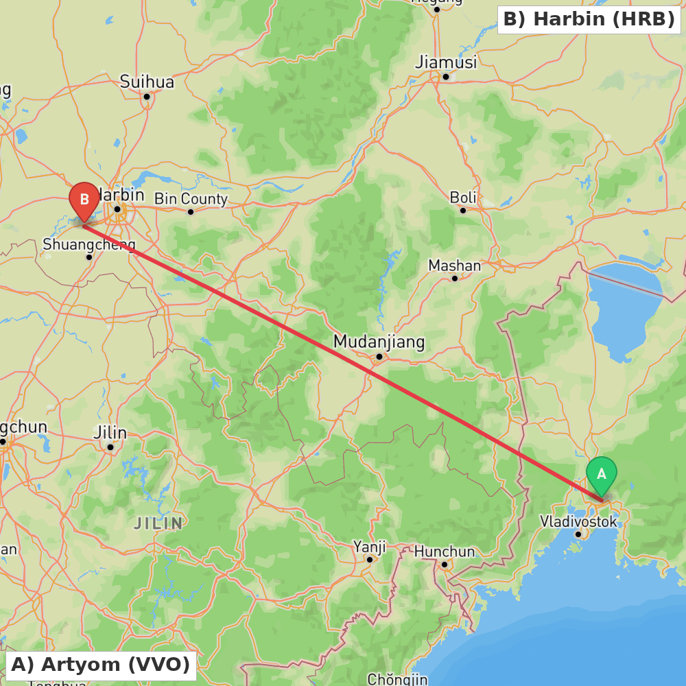 Flight route map from Artyom to Harbin