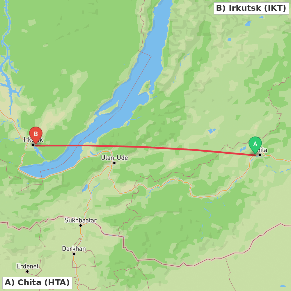 Flight route map from Chita to Irkutsk
