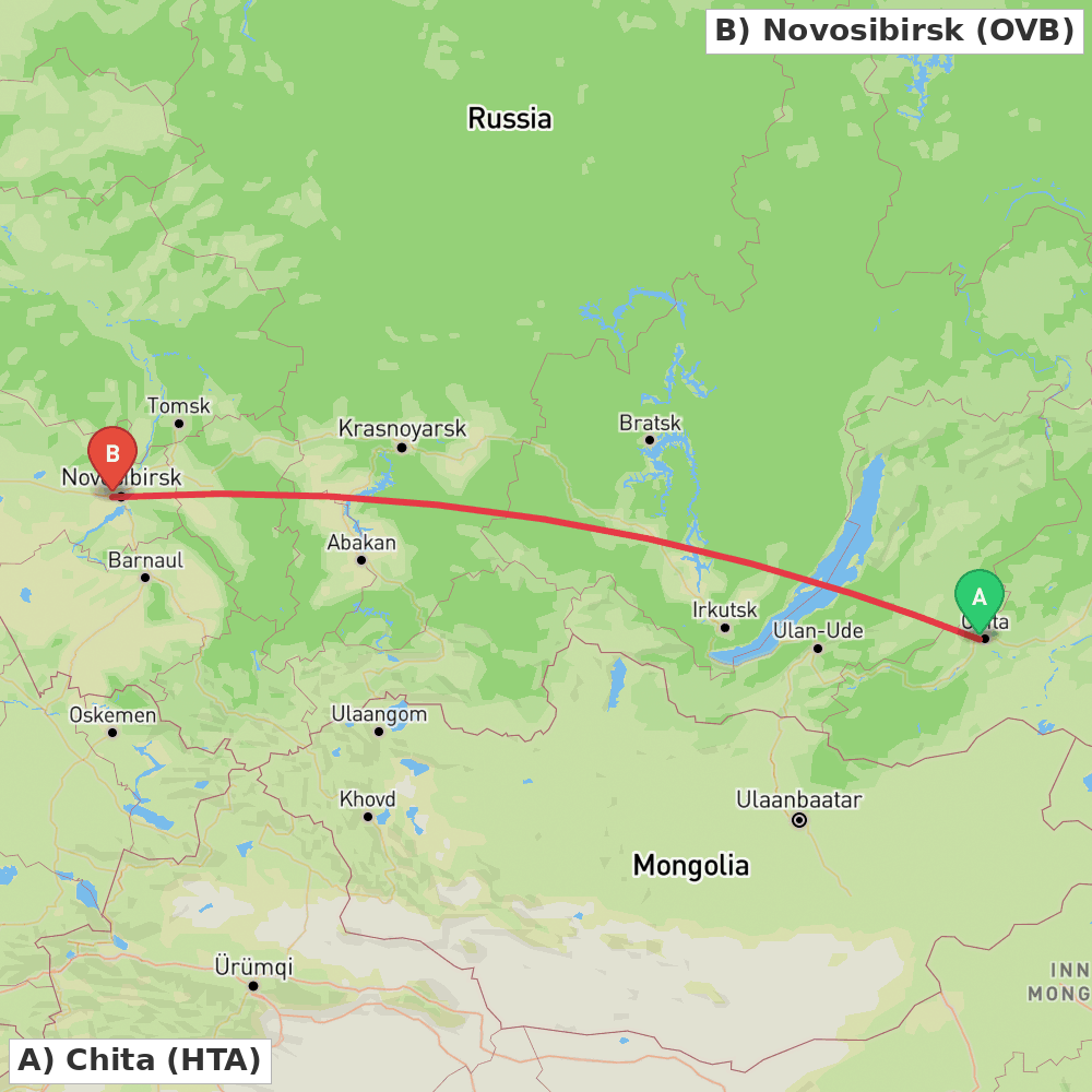 Flight route map from Chita to Novosibirsk