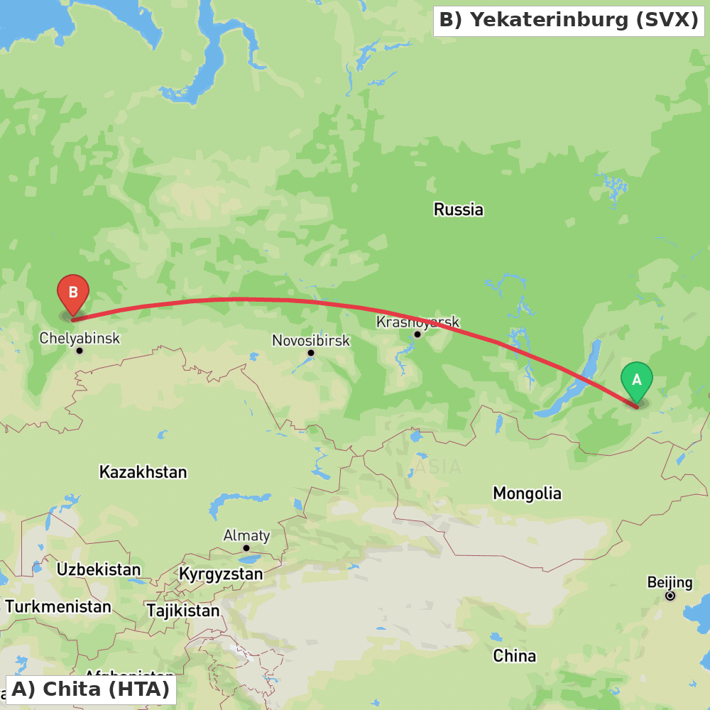 Flight route map from Chita to Yekaterinburg