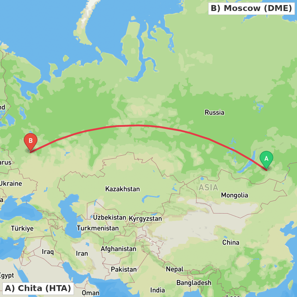 Flight route map from Chita to Moscow