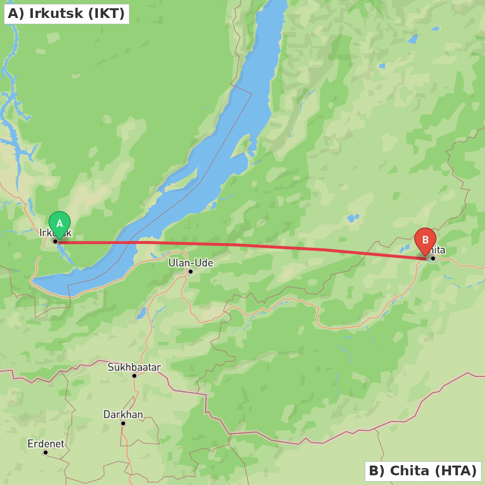 Flight route map from Irkutsk to Chita