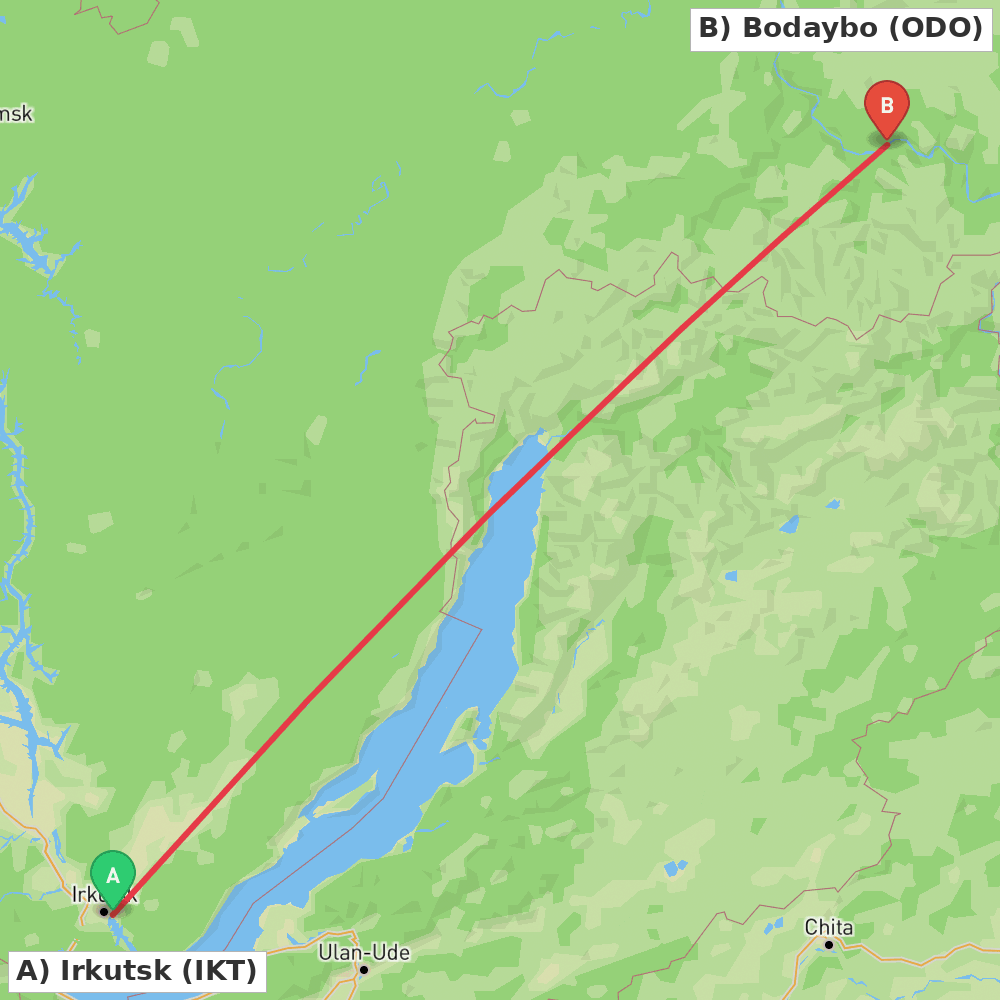 Flight route map from Irkutsk to Bodaybo