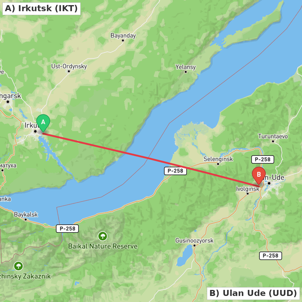 Flight route map from Irkutsk to Ulan Ude