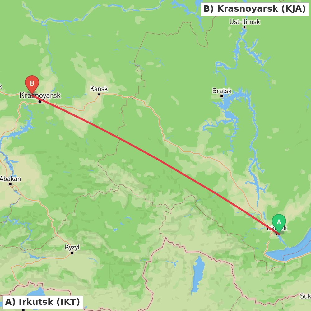 Flight route map from Irkutsk to Krasnoyarsk